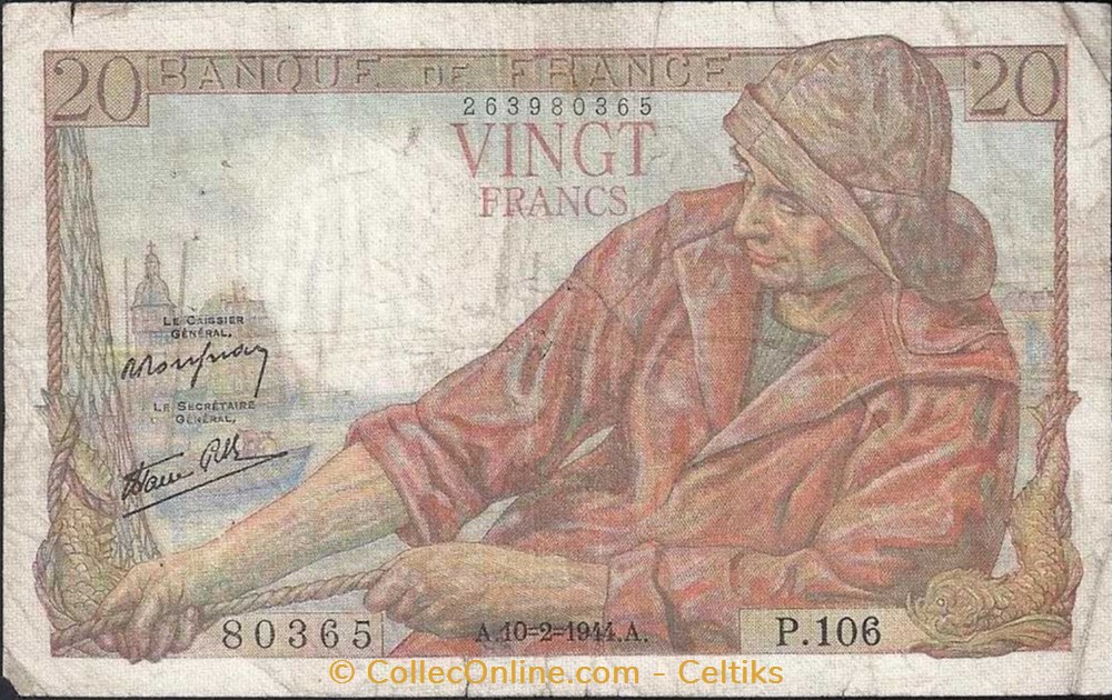 20 francs ( pêcheur ) - type 1942 billets europe france 20 francs pecheur type 1942