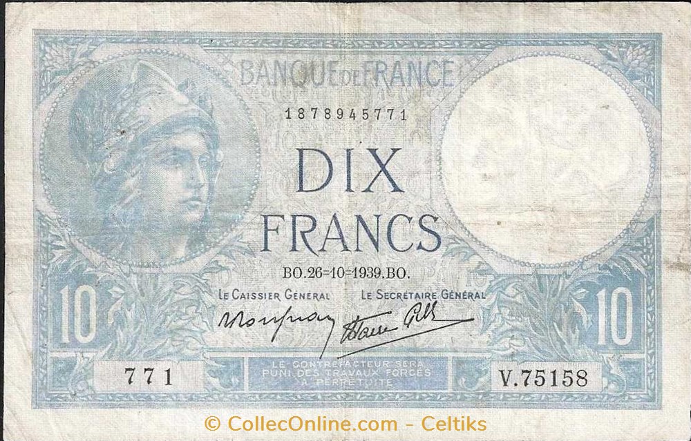 10 francs ( MINERVE ) - type 1915 modifié billets europe france 10 francs minerve type 1915 modifie