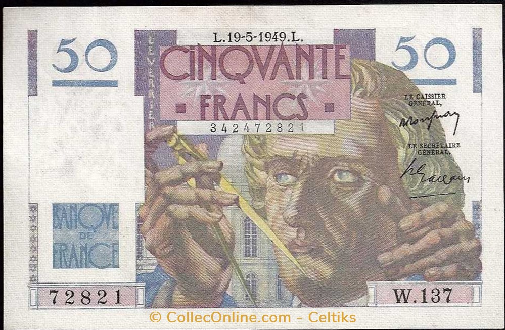 50 francs ( LE VERRIER ) - type 1946 billets europe france 50 francs le verrier type 1946