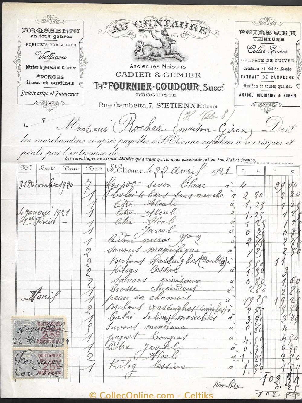 FACTURE - au centaure documents anciens factures commerciaux facture au centaure