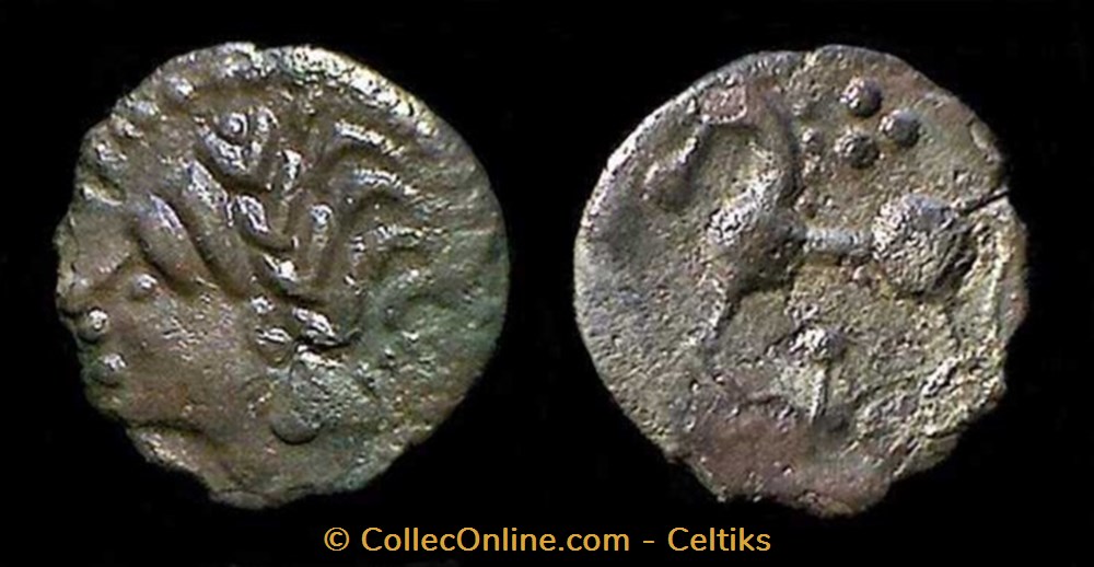 fraction à la couronne en chevrons cheval ) gauche au trois points monnaies antiques celtes fraction a la couronne en chevrons cheval gauche au trois points