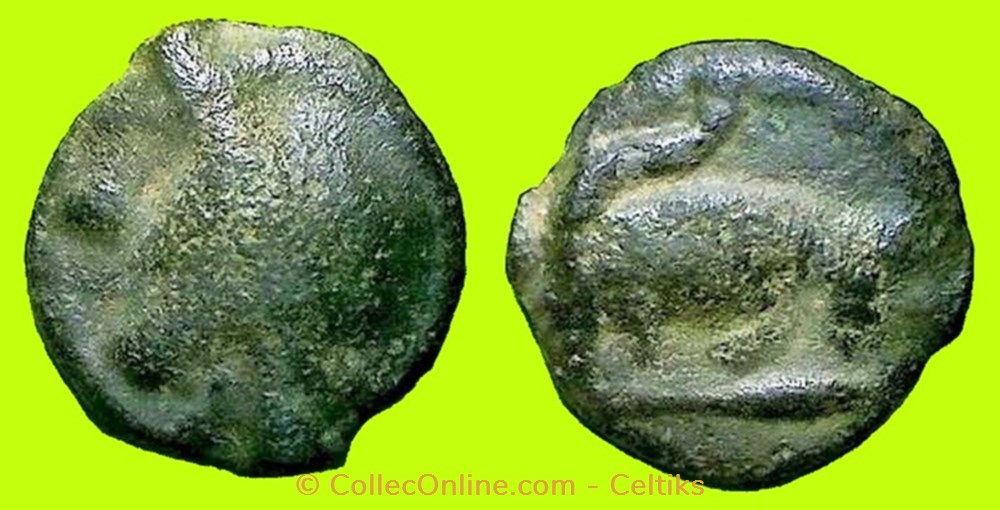 potin à la tête diabolique - cl 8 au taureau à droite monnaies antiques celtes potin a la tete diabolique cl 8 au taureau a droite