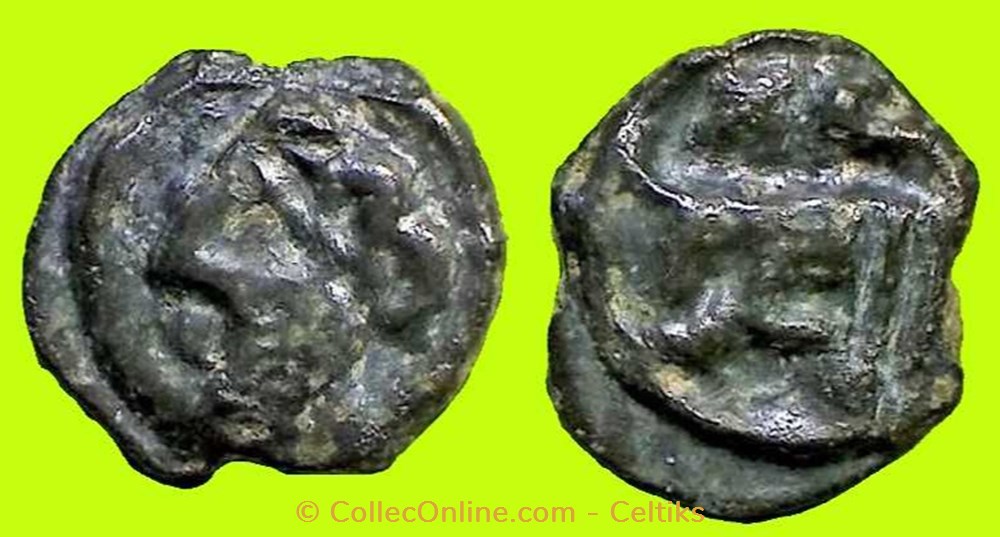 potin à la tête diabolique - cl 1 b var à la croisette monnaies antiques celtes potin a la tete diabolique cl 1 b var a la croisette