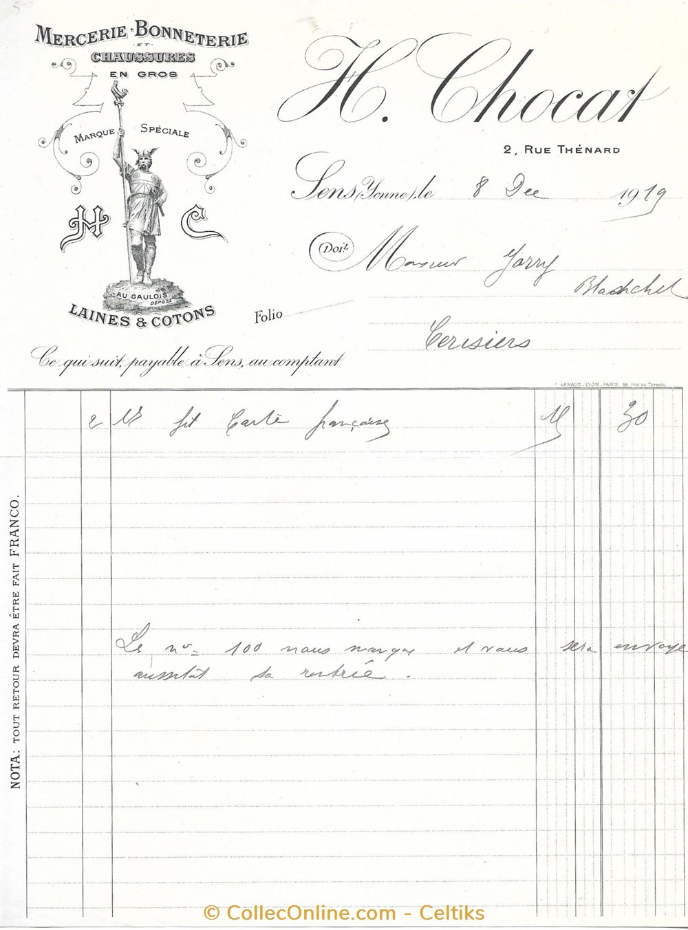 facture - H . CHOCAT documents anciens factures commerciaux facture h chocat