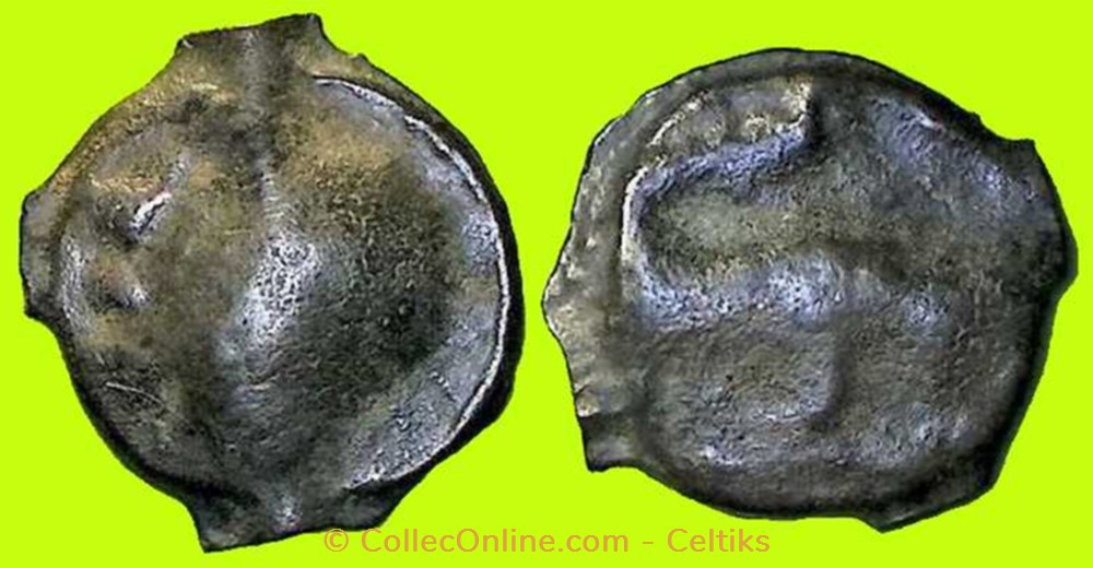 potin à la tête diabolique - cl 8 var au taureau à droite monnaies antiques celtes potin a la tete diabolique cl 8 var au taureau a droite