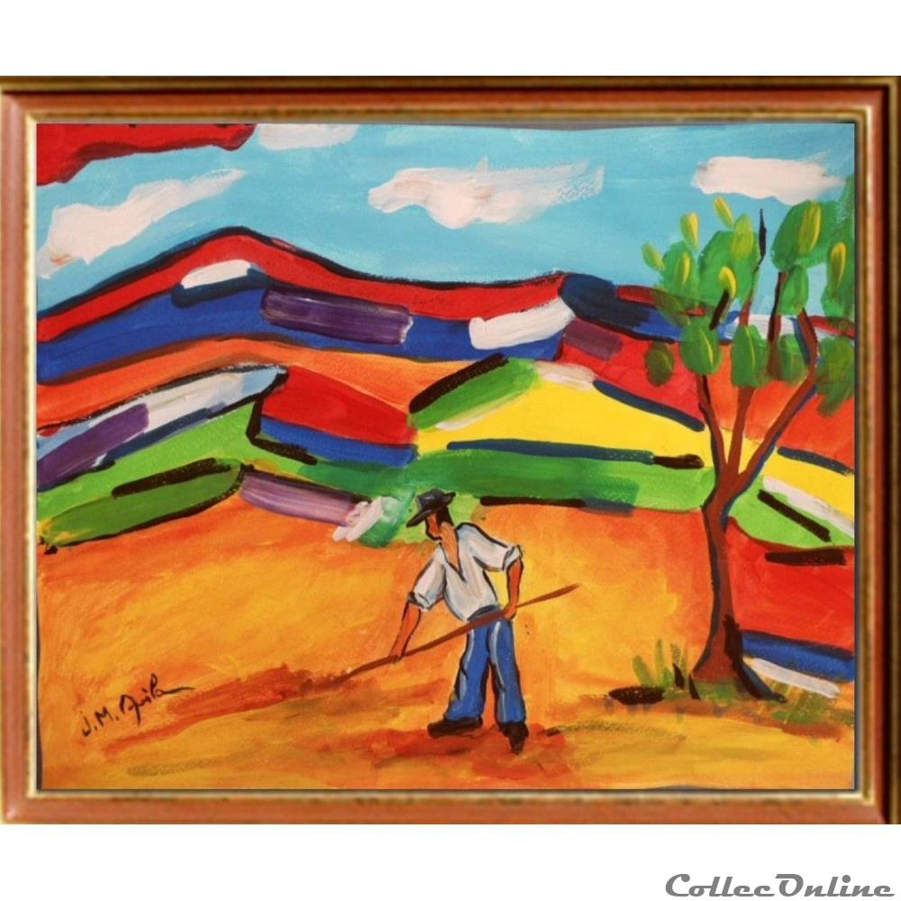 art antiquite tableaux gouach avila j m la fenaison