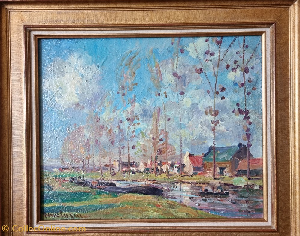 art antiquites peintures dessins bord du cher avec peniche et peupliers georges ferro la gree