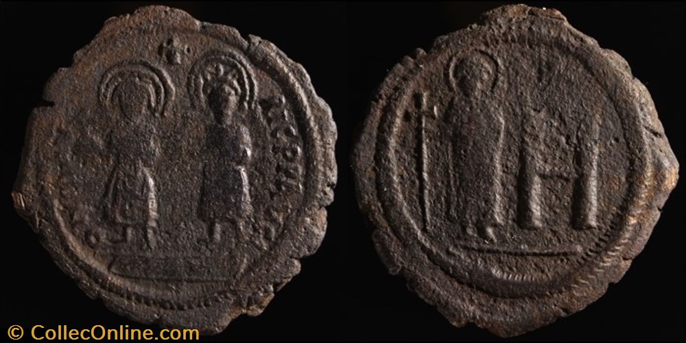 Follis de Maurice, Constantina et Théodosius émis à Cherson (582-602 ap J.-C.) monnaie antique av jc byzantine follis de maurice constantina et theodosius emis a cherson 582 602 ap j c