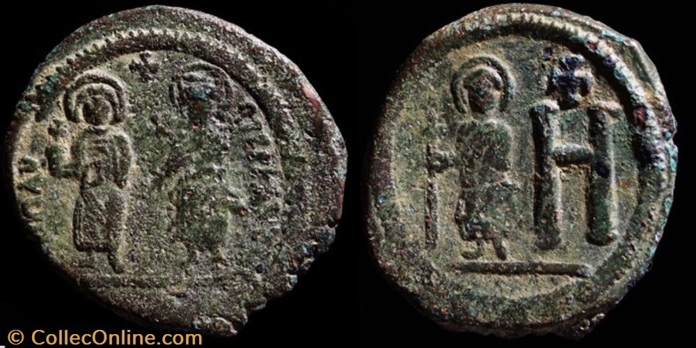 Follis de Maurice, Constantina et Théodosius émis à Cherson (582-602 ap J.-C.) monnaie antique av jc byzantine follis de maurice constantina et theodosius emis a cherson 582 602 ap j c