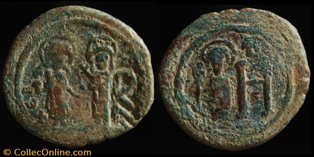 Contremarque d'Héraclius (c610) sur follis de Justin II et Sophie émis à Cherson (565-578) monnaie antique av jc ap byzantine contremarque heraclius c610 sur follis de justin ii et sophie emis a cherson 565 578