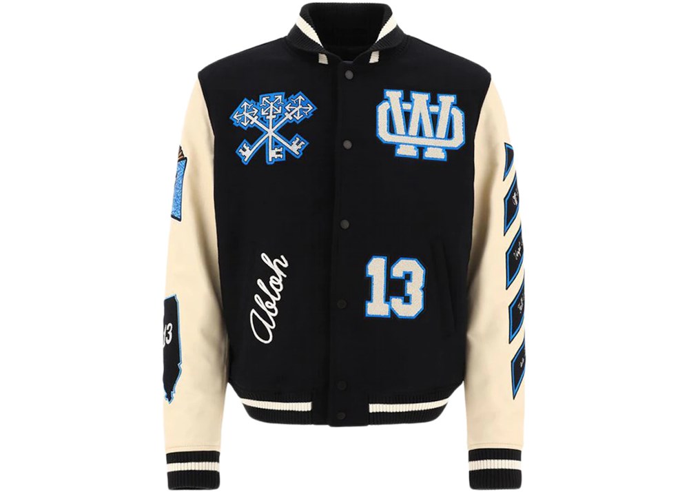 off white witch logo patch varsity varsity jacket black peacock
