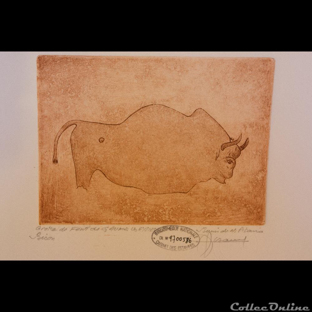 Noël Pisano Bison grottes de font de gaume. art antiquite estampe gravure banque france xxe noel pisano bison grottes de font de gaume