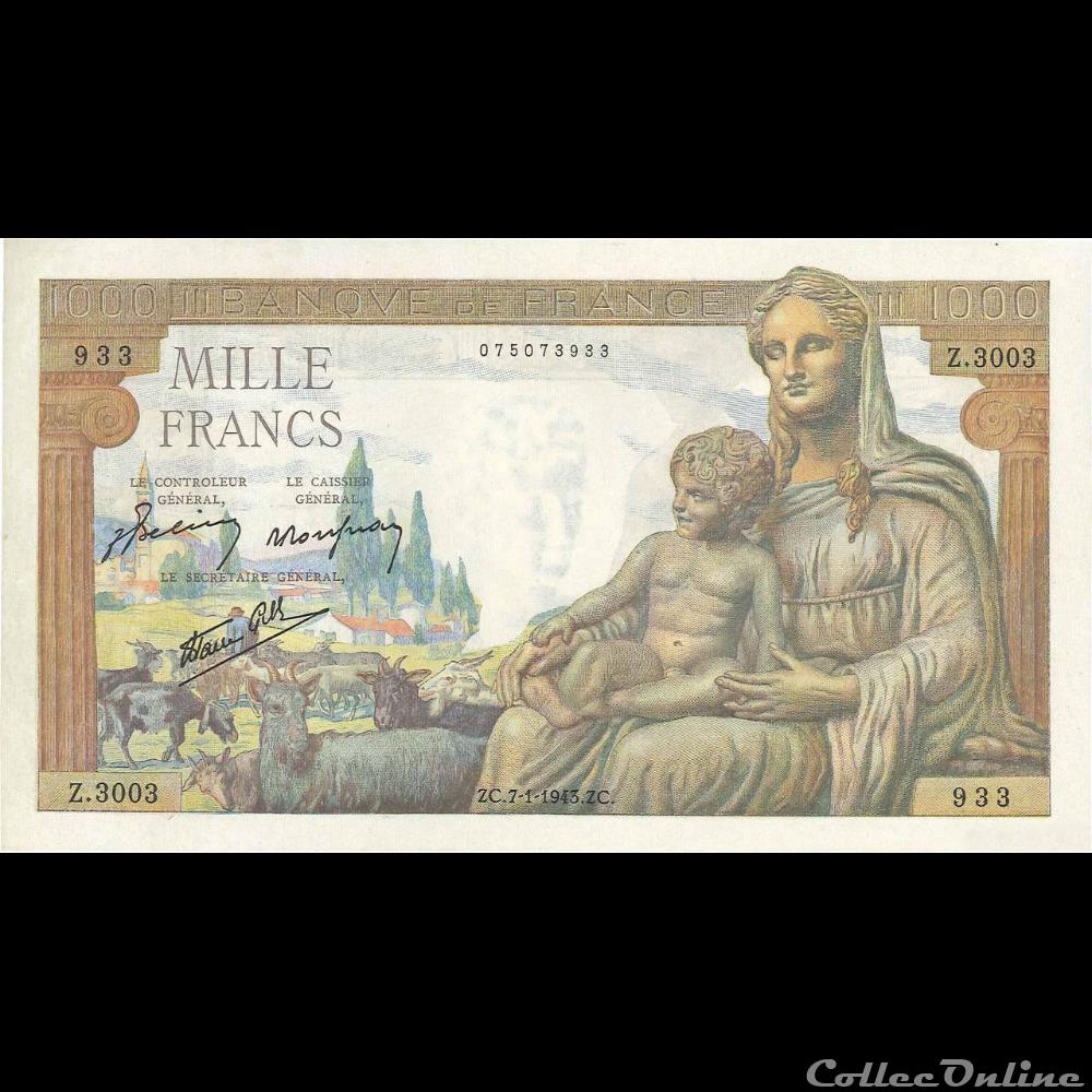 billet france banque xxe 1000 francs demeter 1943
