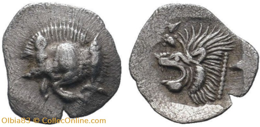 *Cyzique / Hémiobole / Protomé de sanglier à gauche - Tête de lion à gauche. monnaies antiques grecques cyzique hemiobole protome de sanglier a gauche tete de lion a gauche