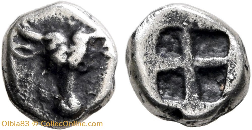 Lamponeia / Hemiobole / Bucrane - Carré creux. monnaies antiques grecques lamponeia hemiobole bucrane carre creux