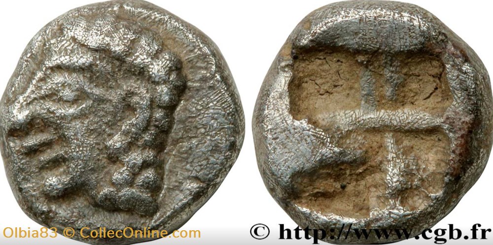 Colophon / Hémiobole / Tête à gauche cheuvelure globulée - Carré creux monnaies antiques grecques colophon hemiobole tete a gauche cheuvelure globulee carre creux