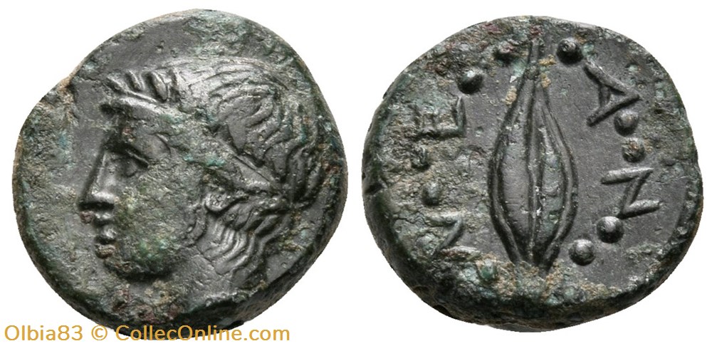 Néandria-Demi Unité - Tête laurée d’Apollon / Grain de blé + N E - A N monnaies antiques grecques neandria demi unite tete lauree d apollon grain de ble n e a n
