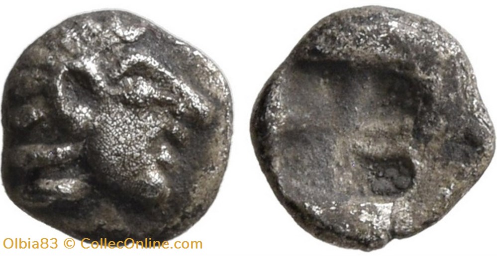 Colophon / Tetartémorion / Tête d'Apollon à Droite - Carré creux. monnaies antiques grecques colophon tetartemorion tete apollon a droite carre creux