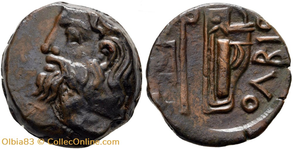 Sarmatie / Olbia / Unité / Tête barbue - Hache et arc dans son goryte. monnaies antiques grecques sarmatie olbia unite tete barbue hache et arc dans son goryte