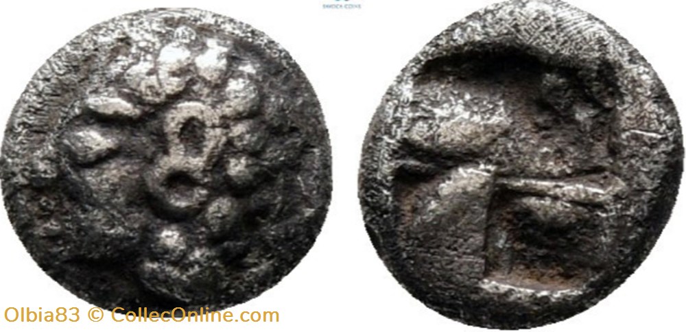 M-Colophon / Hémiobole / Tête chevelure globulée à gauche - Carré creux monnaies antiques grecques m colophon hemiobole tete chevelure globulee a gauche carre creux