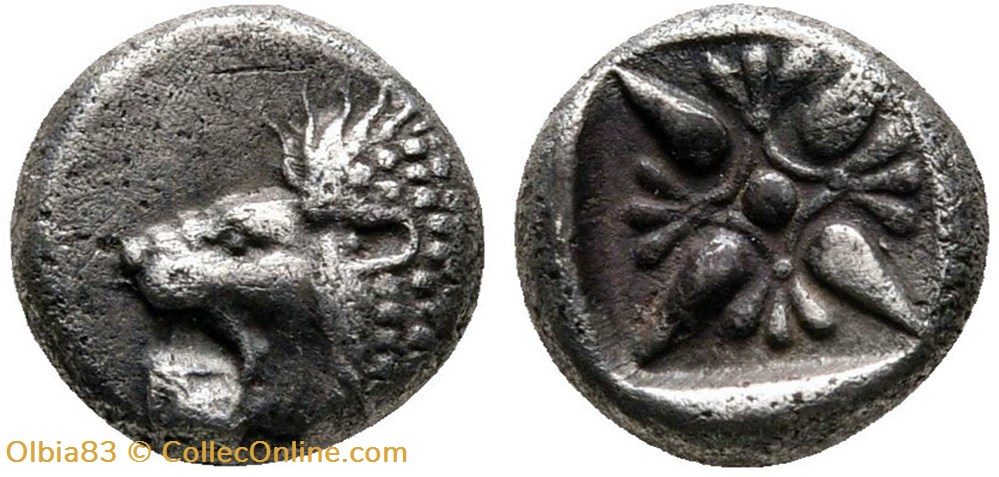 *Milet / Douzième de statère / Protomé de lion à gauche - Motif stellaire monnaies antiques grecques milet douzieme de statere protome de lion a gauche motif stellaire