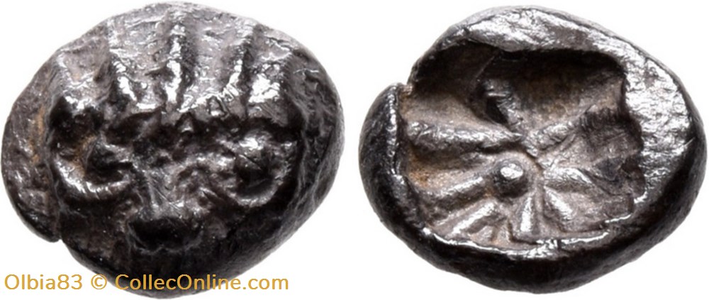 Asie Mineure-Incertaine-Obole-Tête de lion stylisée / Carré creux avec un dessin géométrique monnaies antiques grecques asie mineure incertaine obole tete de lion stylisee carre creux avec un dessin geometrique