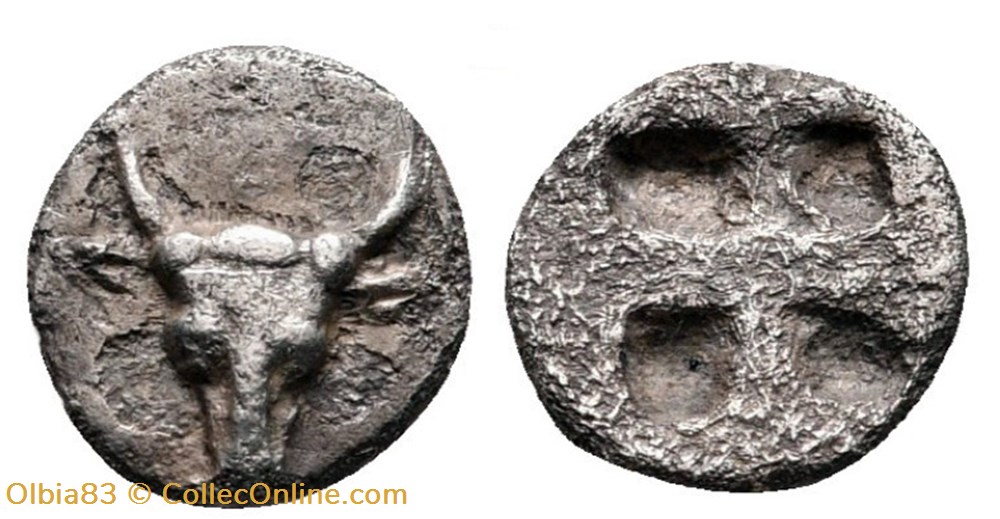 Lamponeia / Hemiobole / Bucrane - Carré creux. monnaies antiques grecques lamponeia hemiobole bucrane carre creux