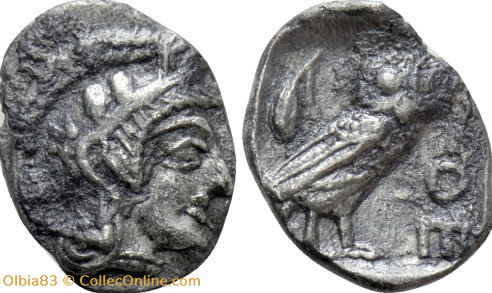 M Athènes / Obole / Tête d'Athéna à droite - Chouette debout de face. monnaies antiques grecques m athenes obole tete athena a droite chouette debout de face