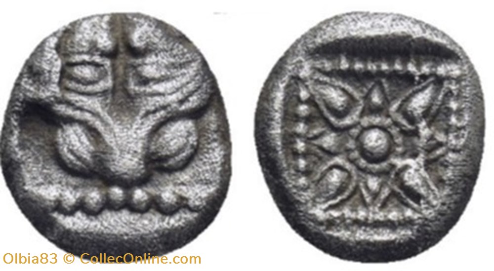 * Milet / 1/16 eme de statère / Tête de Lion - Motif Stellaire dans carré creux monnaies antiques grecques milet 1 16 eme de statere tete de lion motif stellaire dans carre creux