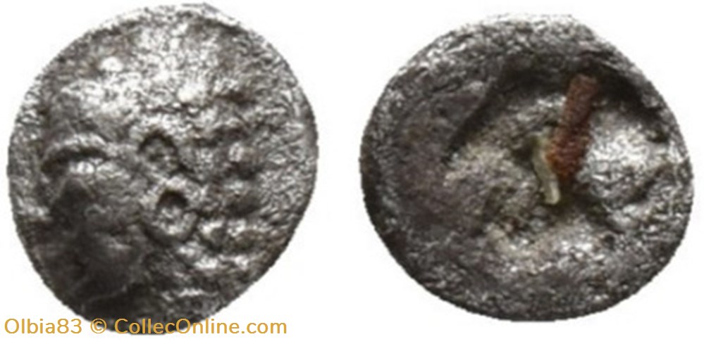 M-Colophon-Tétartémorion-Tête archaique à gauche / Carré Quadripartite . monnaies antiques grecques m colophon tetartemorion tete archaique a gauche carre quadripartite