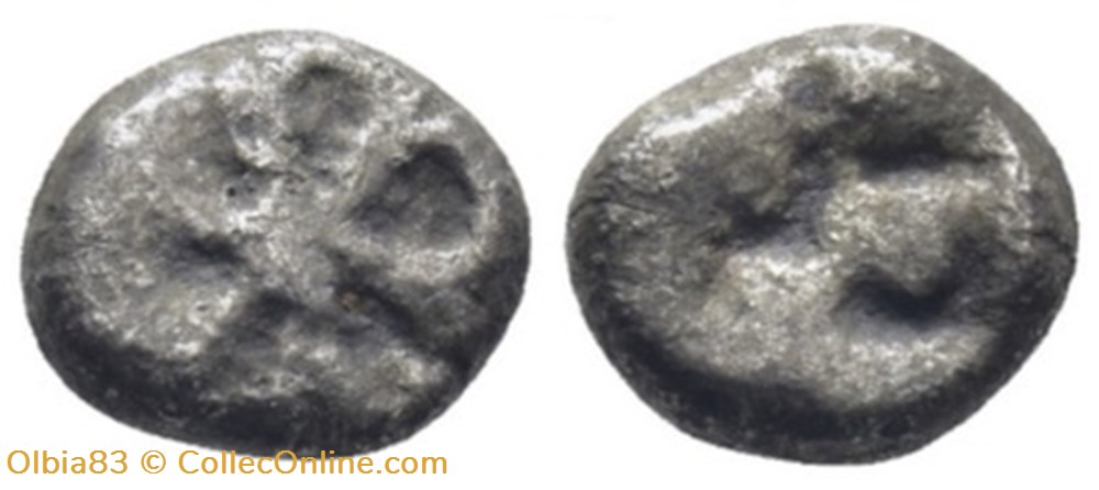 *Incertaine-Diobole-Fleur-Rosette /Carré creux . monnaies antiques grecques incertaine diobole fleur rosette carre creux