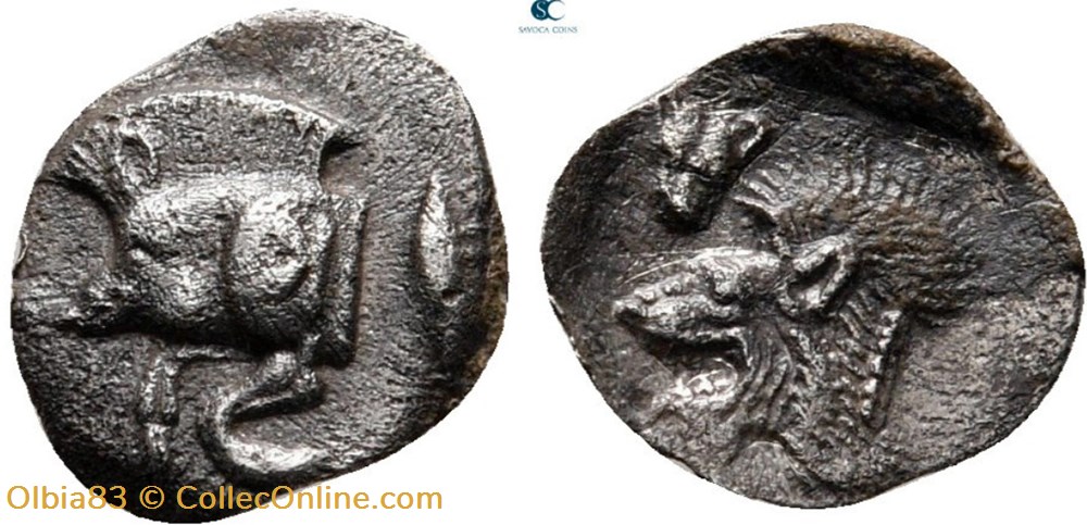 Cyzique / Hémiobole / Protomé de sanglier à gauche - Tête de lion à gauche. monnaies antiques grecques cyzique hemiobole protome de sanglier a gauche tete de lion a gauche