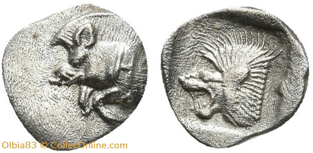 monnaies antiques grecques cyzique hemiobole protome de sanglier a gauche tete de lion a gauche