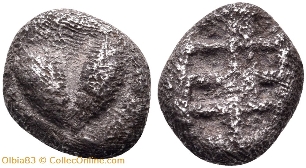 Cyrène / Hémidrachme / Fruit de Silphium - Carré creux. monnaies antiques grecques cyrene hemidrachme fruit de silphium carre creux