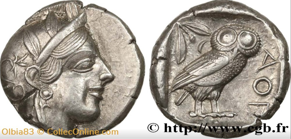 monnaies antiques grecques athenes tetradrachme tete athena a droite chouette debout de face