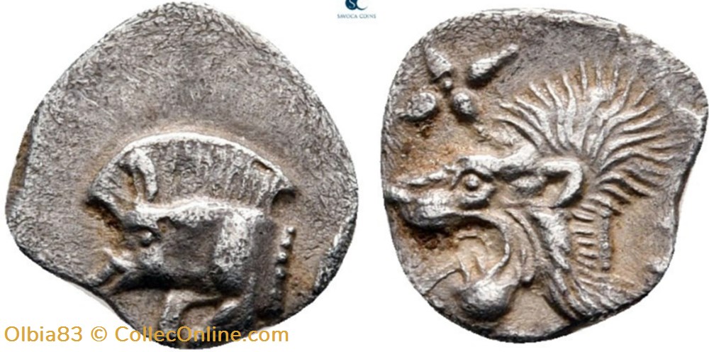 monnaies antiques grecques cyzique hemiobole protome de sanglier a gauche tete de lion a gauche