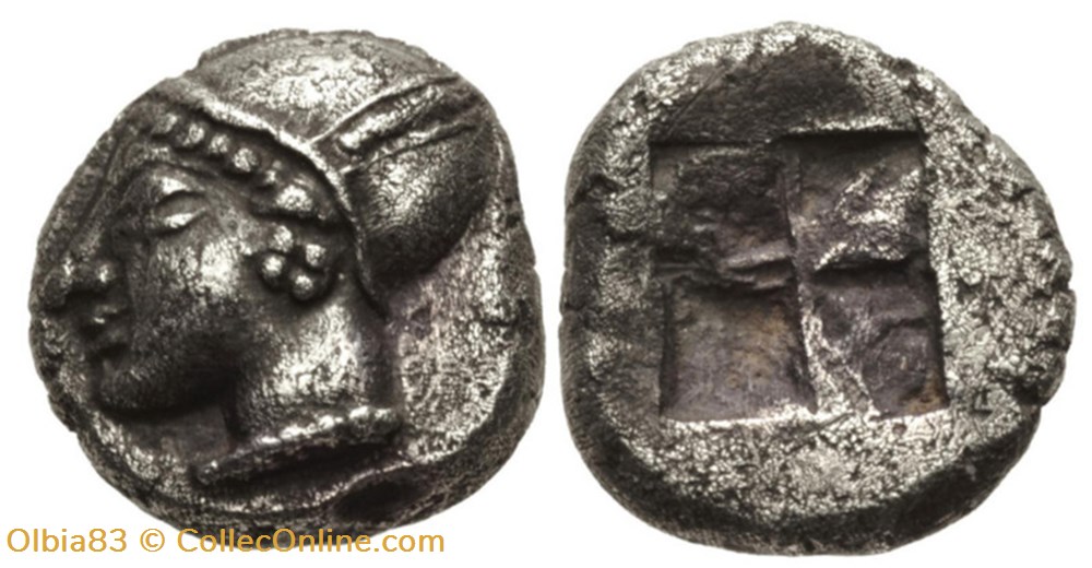 Phocée / Diobole / Tête de femme portant un sakkos à gauche / Carré creux. monnaies antiques grecques phocee diobole tete de femme portant un sakkos a gauche carre creux