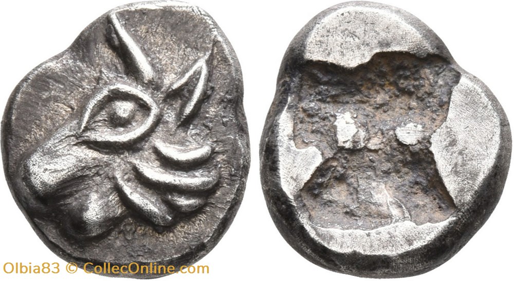 Asie Mineure / Incertaine / Diobole / Tête de taureau - Carré avec pastille centrale monnaies antiques grecques asie mineure incertaine diobole tete de taureau carre avec pastille centrale
