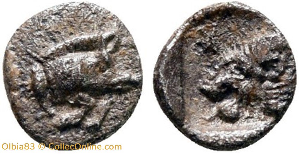 *Cyzique / Tétartemorion / Protomé de sanglier à droite - Tête de lion à gauche. monnaies antiques grecques cyzique tetartemorion protome de sanglier a droite tete de lion a gauche
