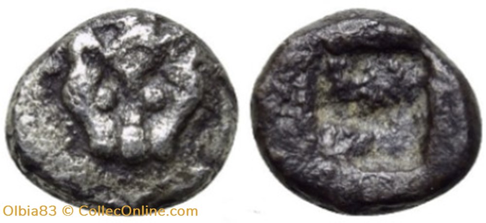 Asie Mineure / Tetartemorion / Tête de panthère - Carré creux. monnaies antiques grecques asie mineure tetartemorion tete de panthere carre creux