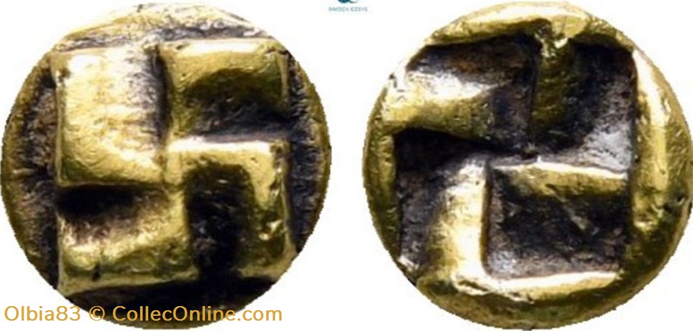*Ionie / Incertaine / 1/48 eme de statère / Croix swastika - Carré creux. monnaies antiques grecques ionie incertaine 1 48 eme de statere croix swastika carre creux