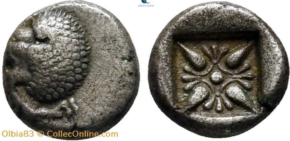 *Milet / Douzième de statère / Protomé de lion à gauche - Motif stellaire monnaies antiques grecques milet douzieme de statere protome de lion a gauche motif stellaire
