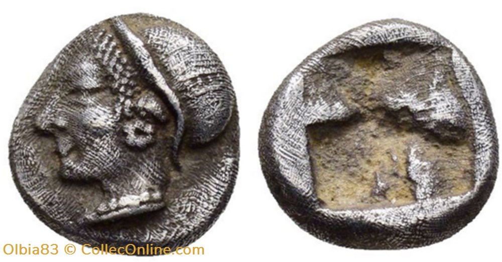 monnaies antiques grecques phocee diobole tete de femme portant un sakkos a gauche carre creux