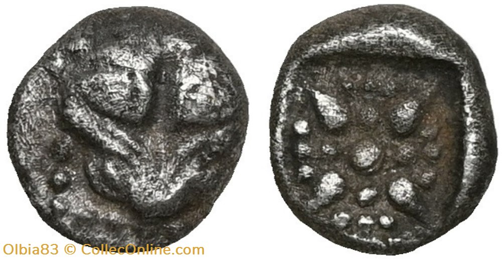 monnaies antiques grecques milet 1 32 eme de statere tete de lion motif stellaire dans carre creux