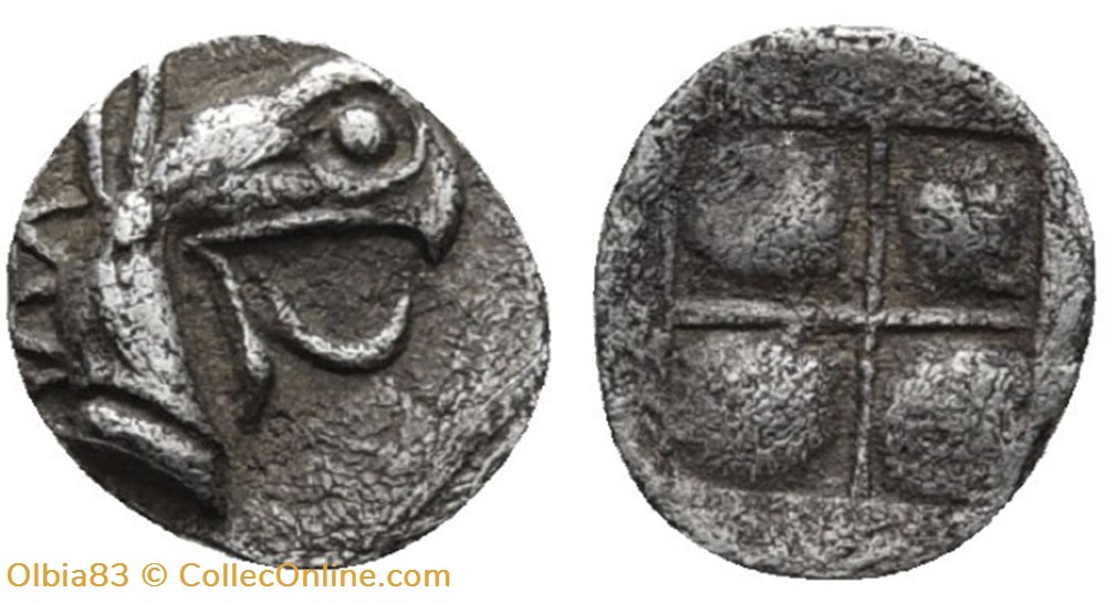 Téos / Tétartemorion / Tête de griffon - Carré creux. monnaies antiques grecques teos tetartemorion tete de griffon carre creux