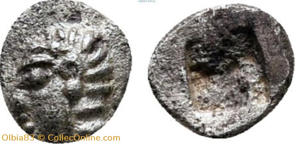 Colophon / Tetartemomorion / Tête d'Apollon à gauche - Carré creux monnaies antiques grecques colophon tetartemomorion tete apollon a gauche carre creux