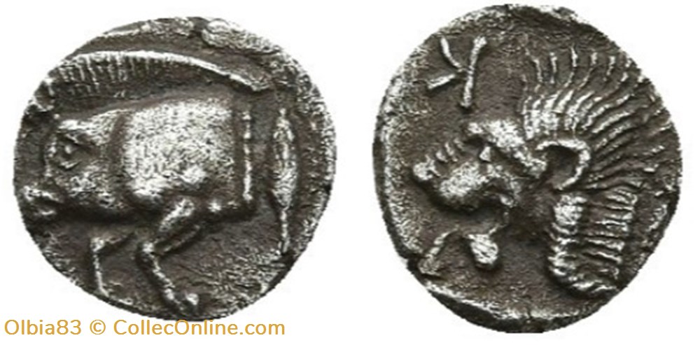 Cyzique / Obole / Protomé de sanglier à gauche - Tête de lion à gauche. monnaies antiques grecques cyzique obole protome de sanglier a gauche tete de lion a gauche