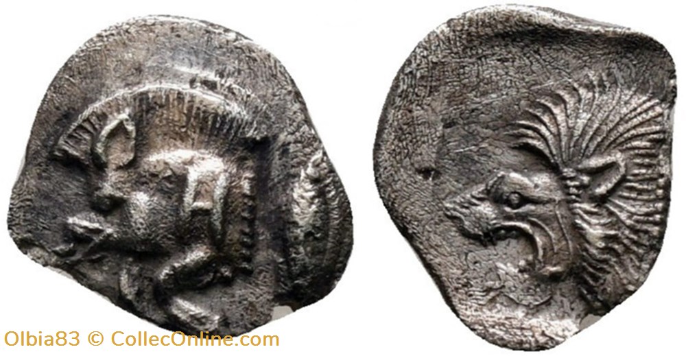 Cyzique / Hémiobole / Protomé de sanglier à gauche - Tête de lion à gauche. monnaies antiques grecques cyzique hemiobole protome de sanglier a gauche tete de lion a gauche