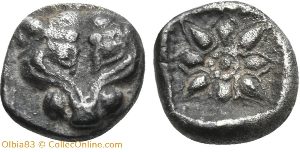 M Milet / 1/16eme de statère / Tête de Lion - Motif Stéllaire dans carré creux monnaies antiques grecques m milet 1 16eme de statere tete de lion motif stellaire dans carre creux