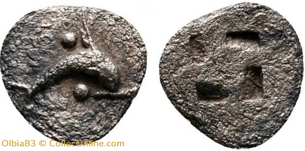 M Thasos / Tetartemorion / Dauphin à droite, avec deux globules - Carré creux monnaies antiques grecques m thasos tetartemorion dauphin a droite avec deux globules carre creux